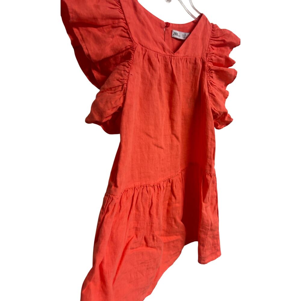 Zara Girls Linen Dress Orange Flutter Sleeve Ruffle Hem Summer Size 7 NWT New - Picture 3 of 7